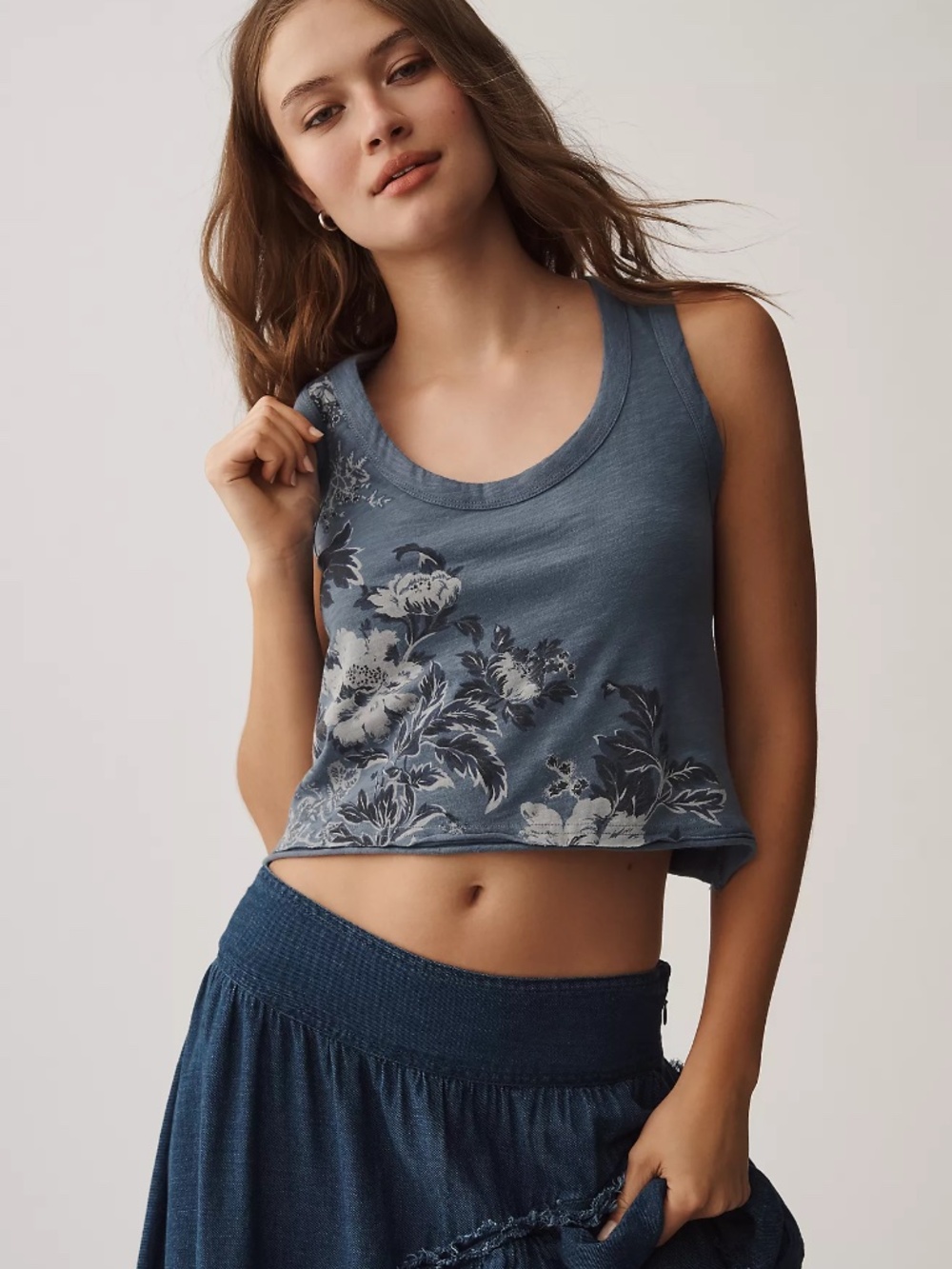 The Kacey Cotton-Slub Floral Crop Tank Top by Pilcro